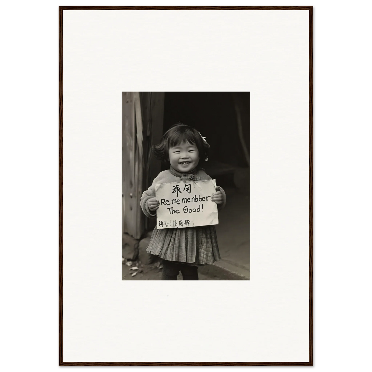 Smiling child with a sign in a black and white photo for Ephemeral Joy Imbibed