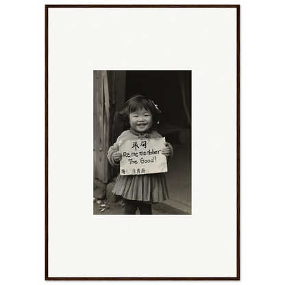 Smiling child with a sign in a black and white photo for Ephemeral Joy Imbibed