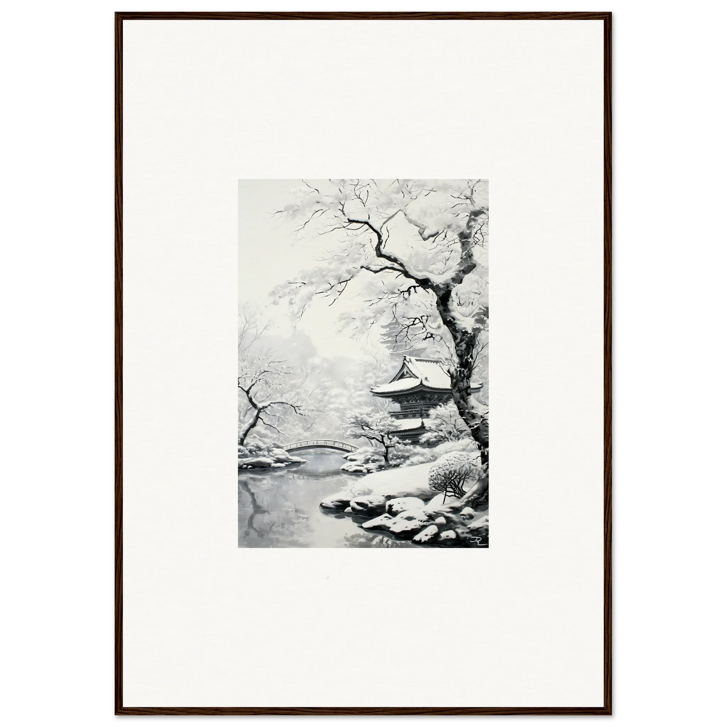 Framed black and white winter landscape art, Winter Embrace Whisper special edition