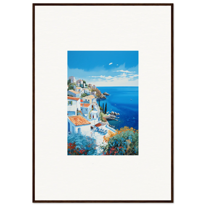 Mediterranean village painting featuring white buildings and blue sea in Sunlit Dreamscape Promise