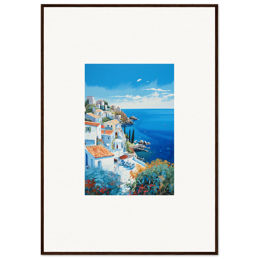 Mediterranean village painting featuring white buildings and blue sea in Sunlit Dreamscape Promise