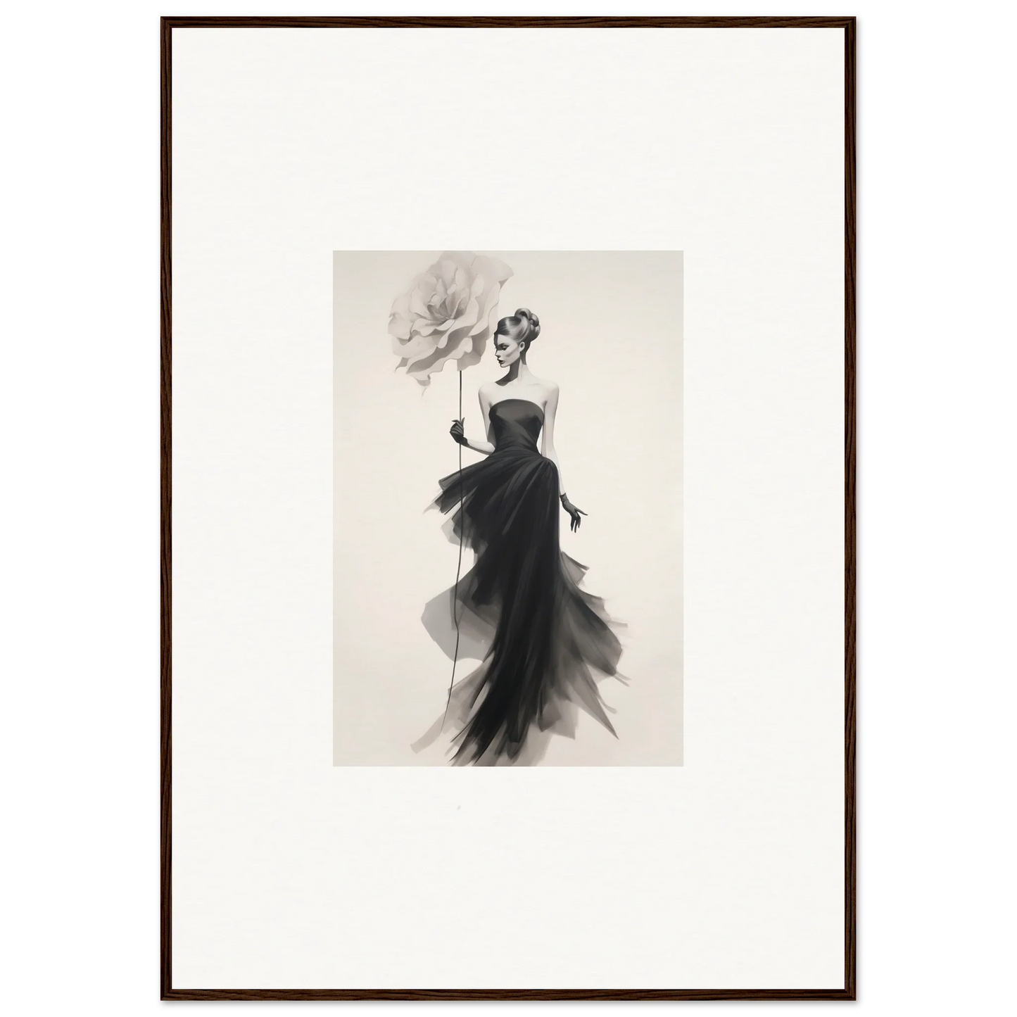 Elegant figure in flowing black gown with tulle, part of Opulent Reverie Lyrisans