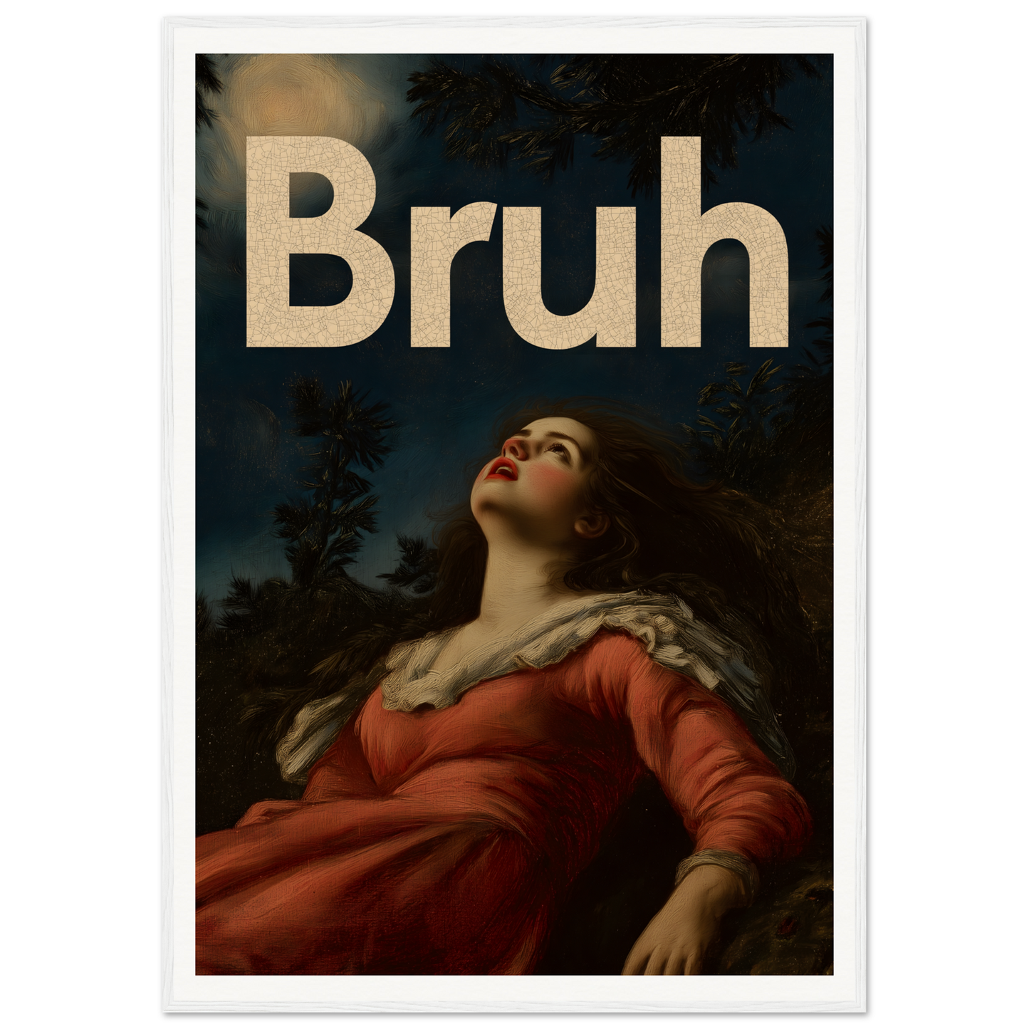 Modern elegance wall art with woman gazing at moonlit sky and bold "Bruh" text, perfect for stylish home decor.