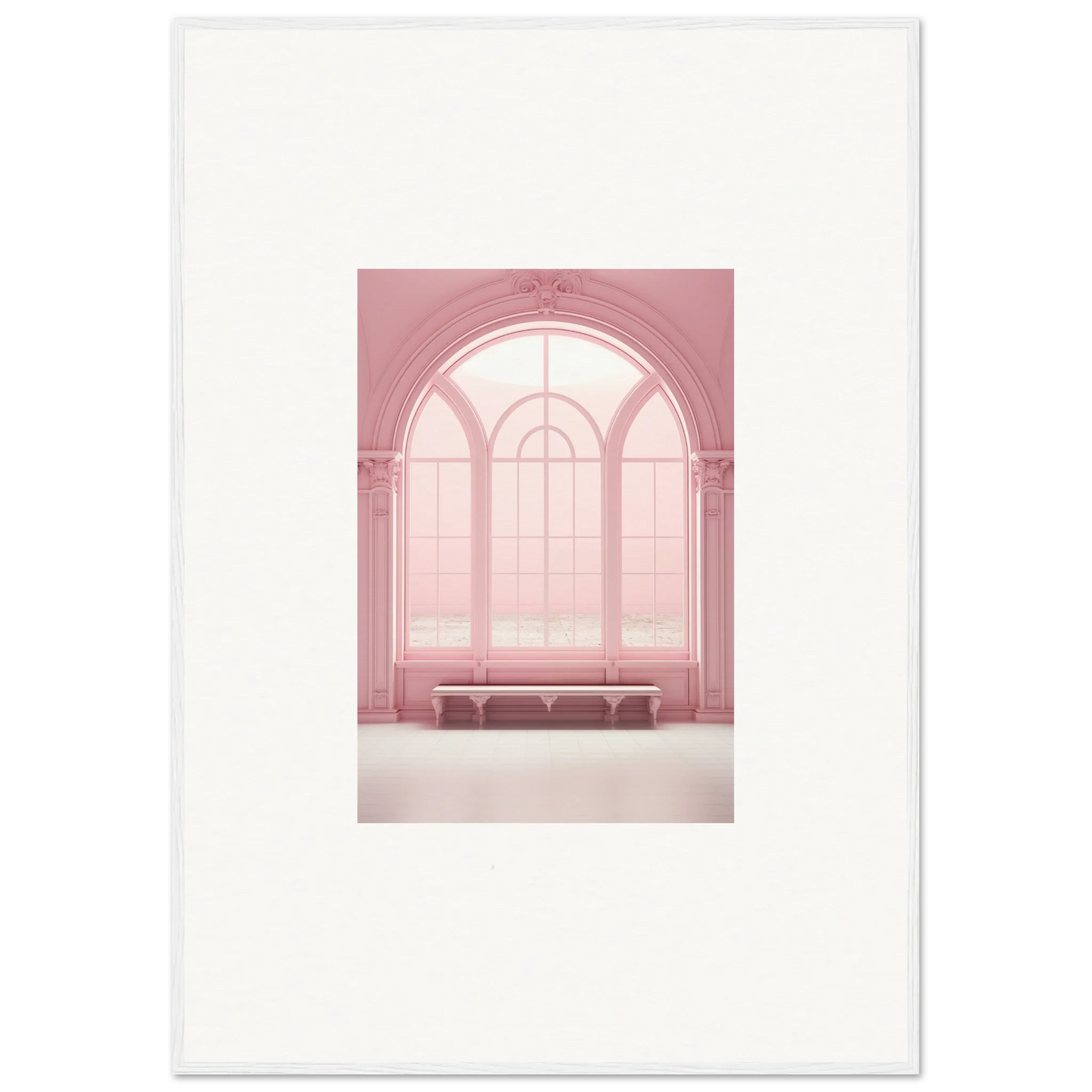 Arched pink window with a cozy bench showcasing Solitude’s Rosy Asana art piece