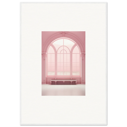 Arched pink window with a cozy bench showcasing Solitude’s Rosy Asana art piece