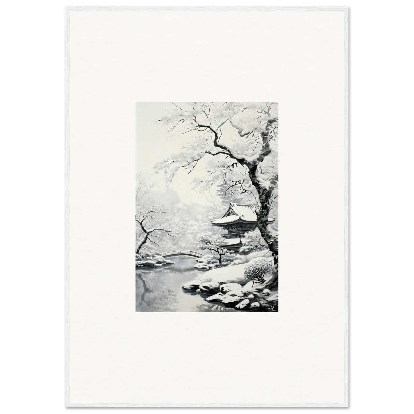 Black and white ink painting of a snowy landscape with a pagoda for Winter Embrace Whisper