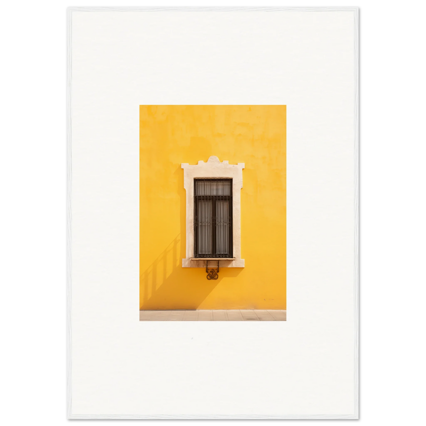 Ornate white-trimmed window on a sunny yellow wall in Window’s Giallo Reverie