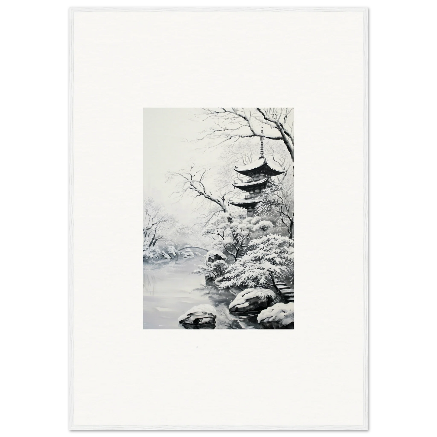 Stunning Japanese pagoda in winter snow for Twilight Rebirth Narrative framed wall art