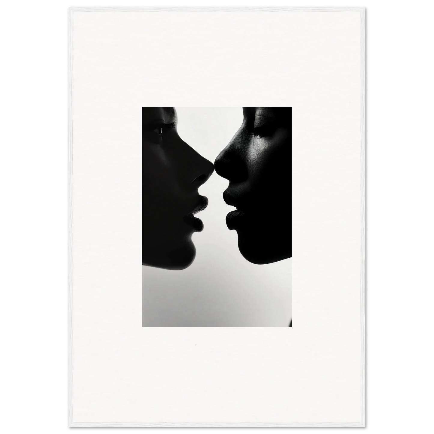 Two silhouetted profiles in a near-kiss on Narcissus Mirror Haze framed wall art