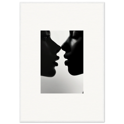 Two silhouetted profiles in a near-kiss on Narcissus Mirror Haze framed wall art