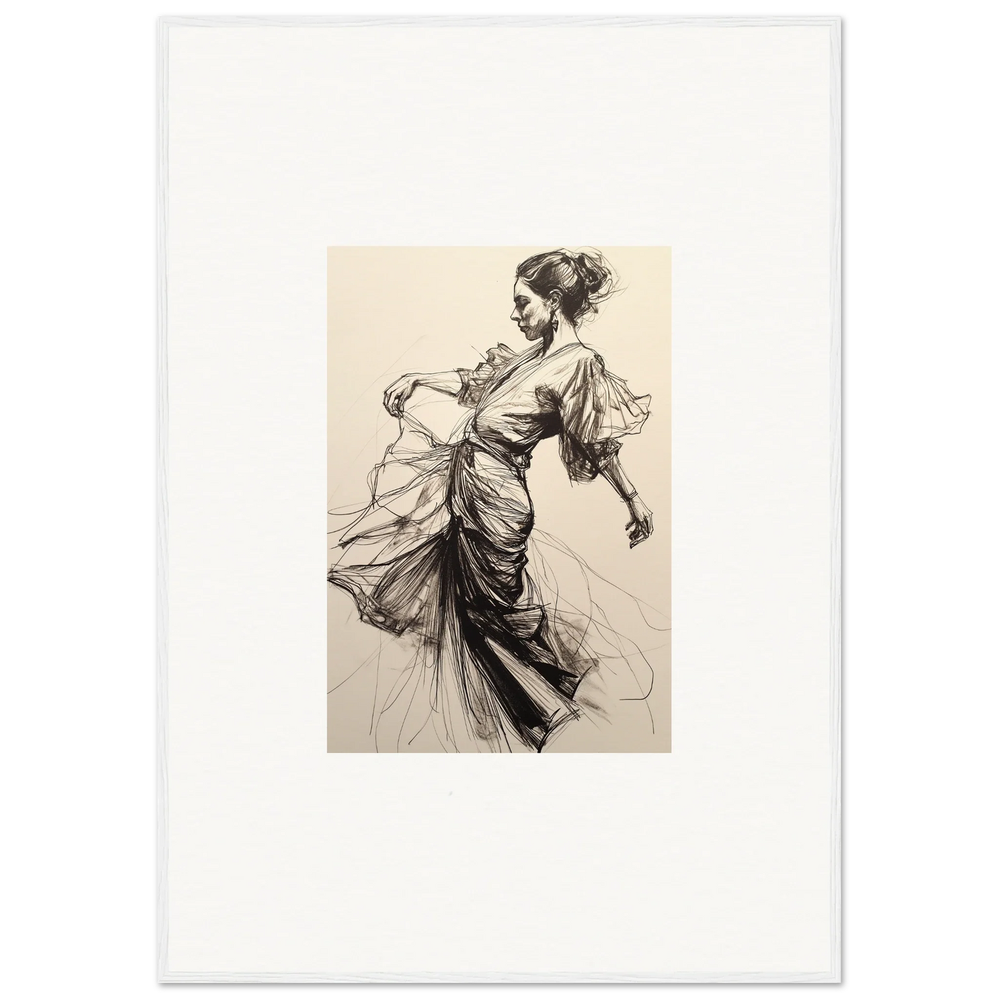 Elegant sketch of a woman in a flowing dress from Ephemeral Ink Serenade framed wall art