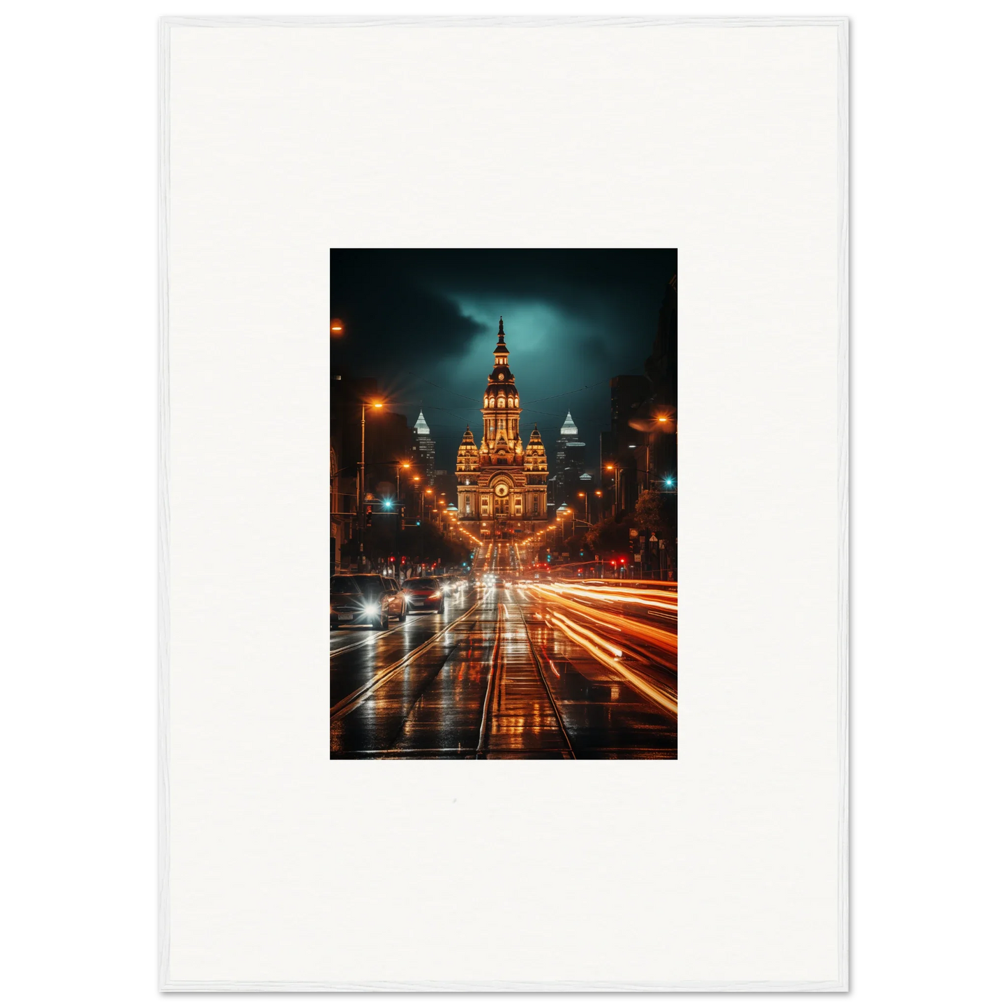 Stunning Illuminated Gothic building in Radiant Urban Reverie framed wall art