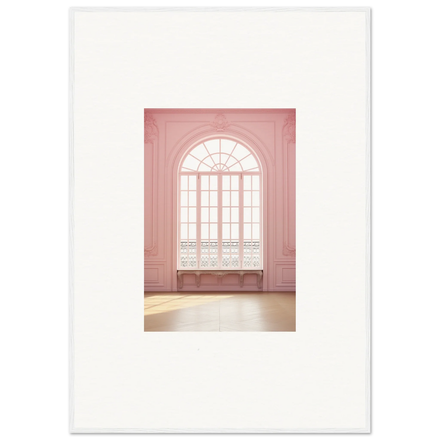 Arched pink window with sunburst muntins, part of Ether Balcon Evolvement art