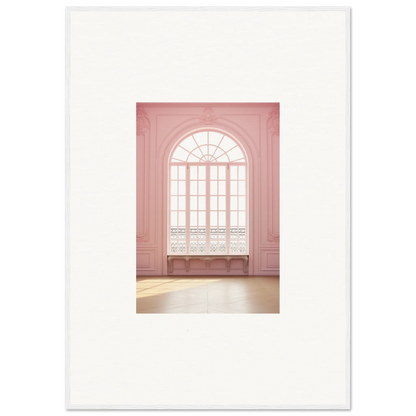 Arched pink window with sunburst muntins, part of Ether Balcon Evolvement art