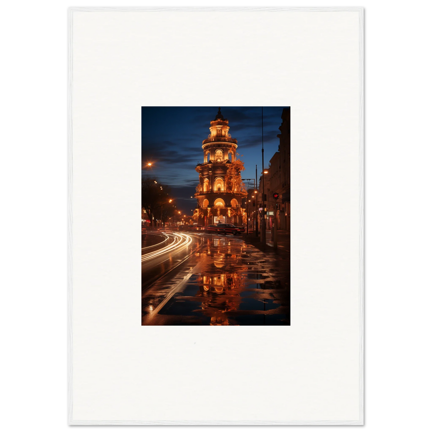 Luminous Neo’ici Dops special edition art of bell tower reflecting on wet street at night