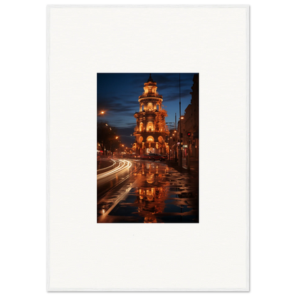 Luminous Neo’ici Dops special edition art of bell tower reflecting on wet street at night