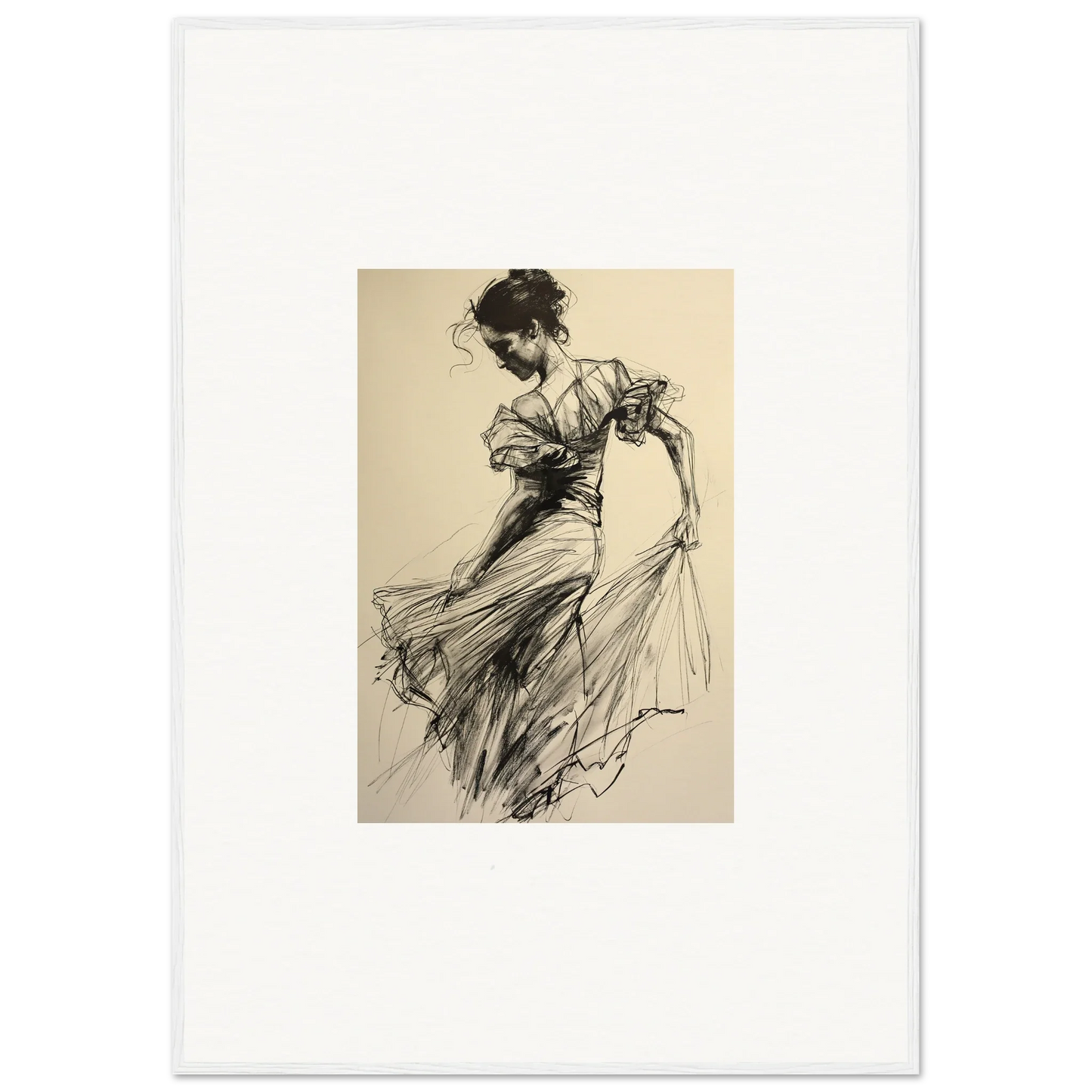 Elegant woman in flowing dress showing dynamic movement for Ethereal Pause Beneath art