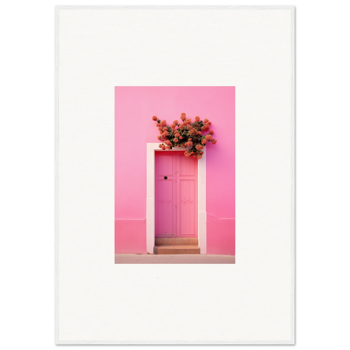 Pink door with red flowers, part of Quantum Pink Serenade framed wall art