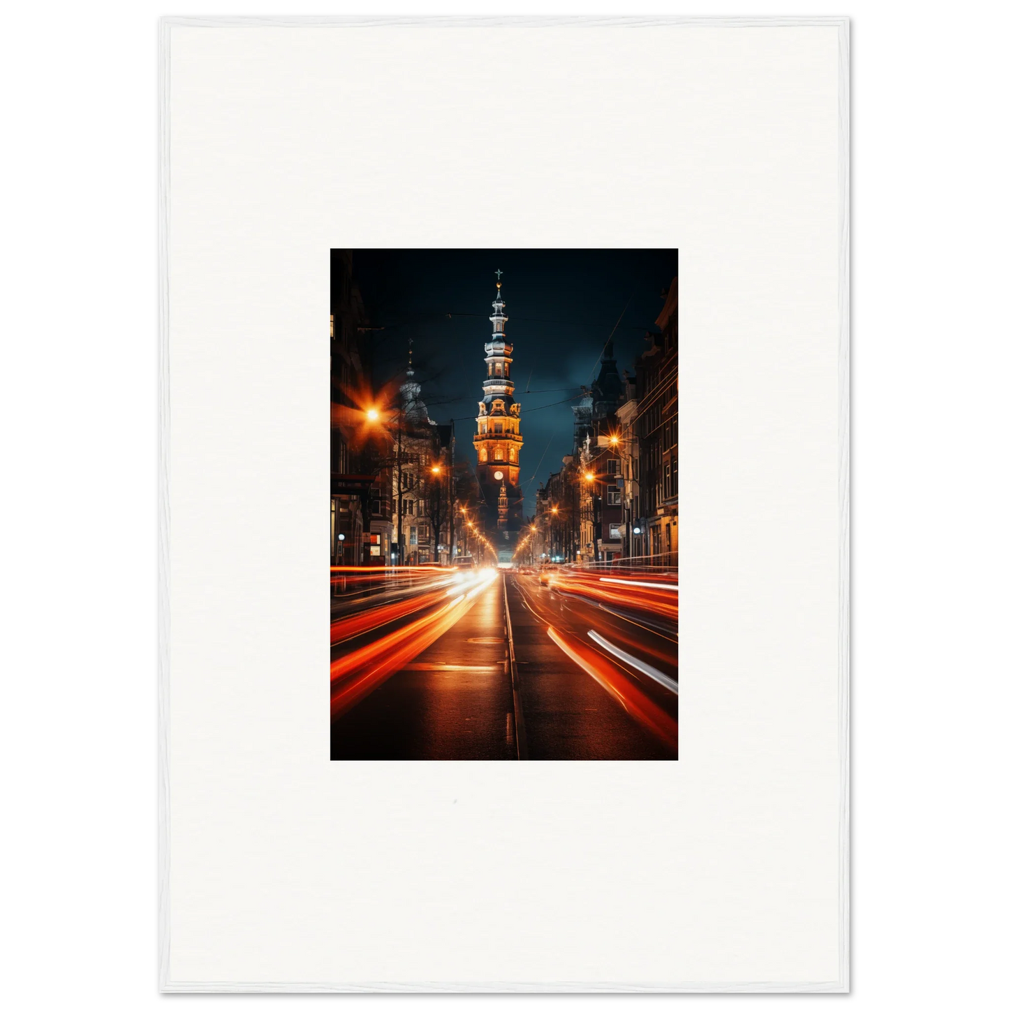 Illuminated church spire with red light trails, Umbra Urban Nocturne special edition art™