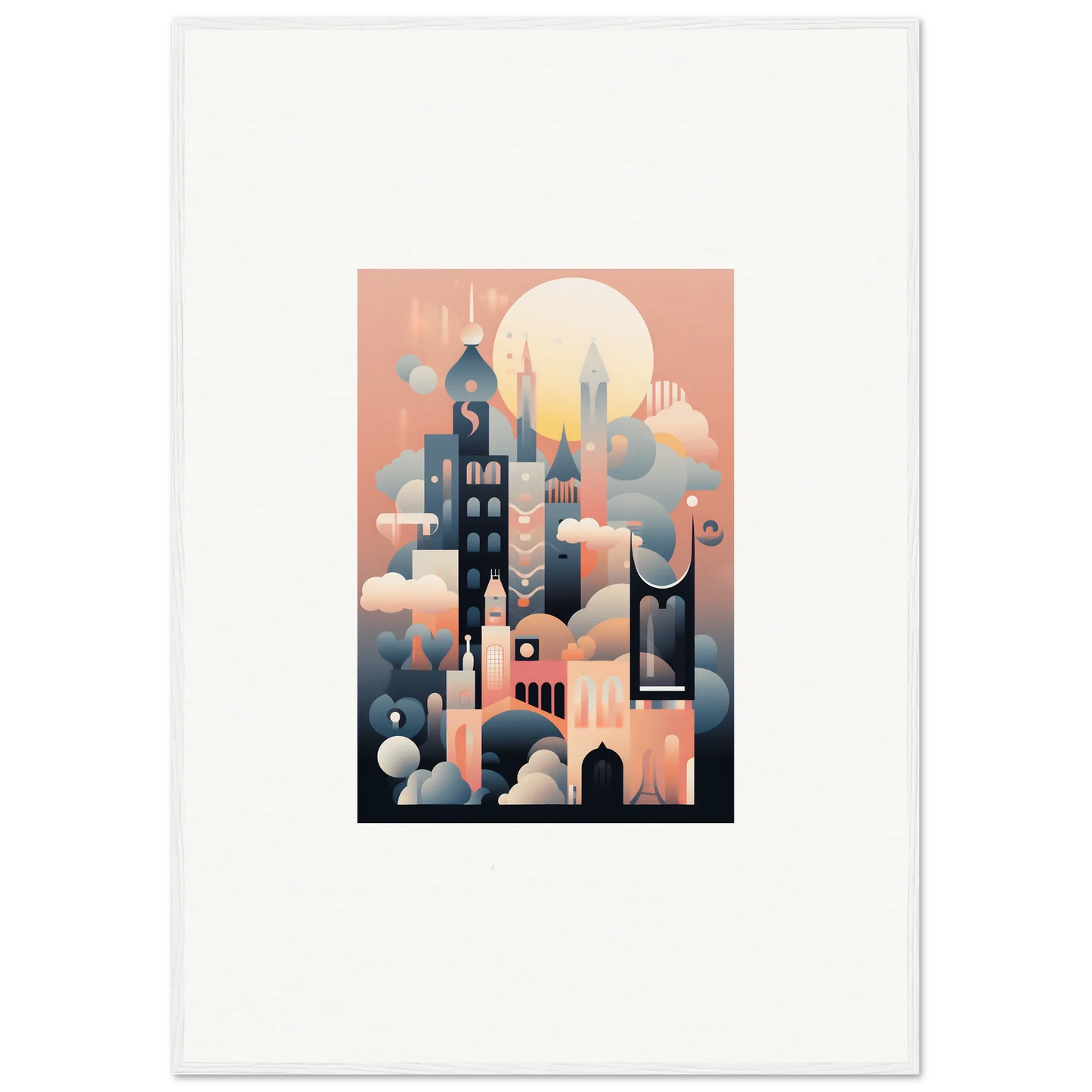 Stylized dreamy cityscape for Ephemeral Castle Whispers special edition art™ in pink and blue