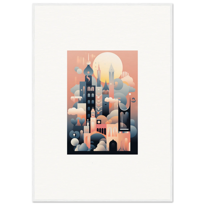 Stylized dreamy cityscape for Ephemeral Castle Whispers special edition art™ in pink and blue