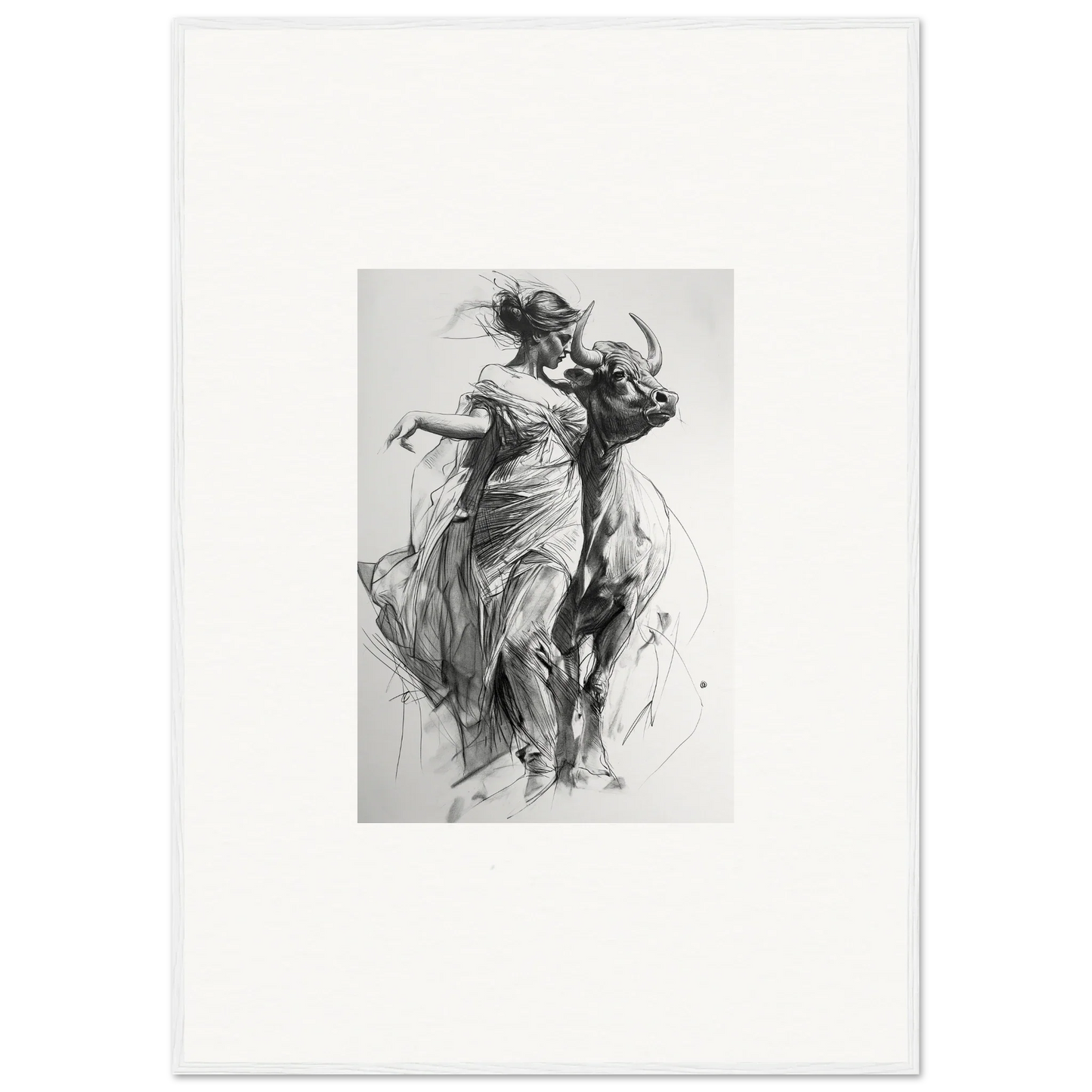 Dynamic charcoal sketch of two figures dancing in flowing dresses for Forest Flame Dance