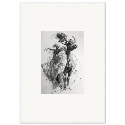 Dynamic charcoal sketch of two figures dancing in flowing dresses for Forest Flame Dance