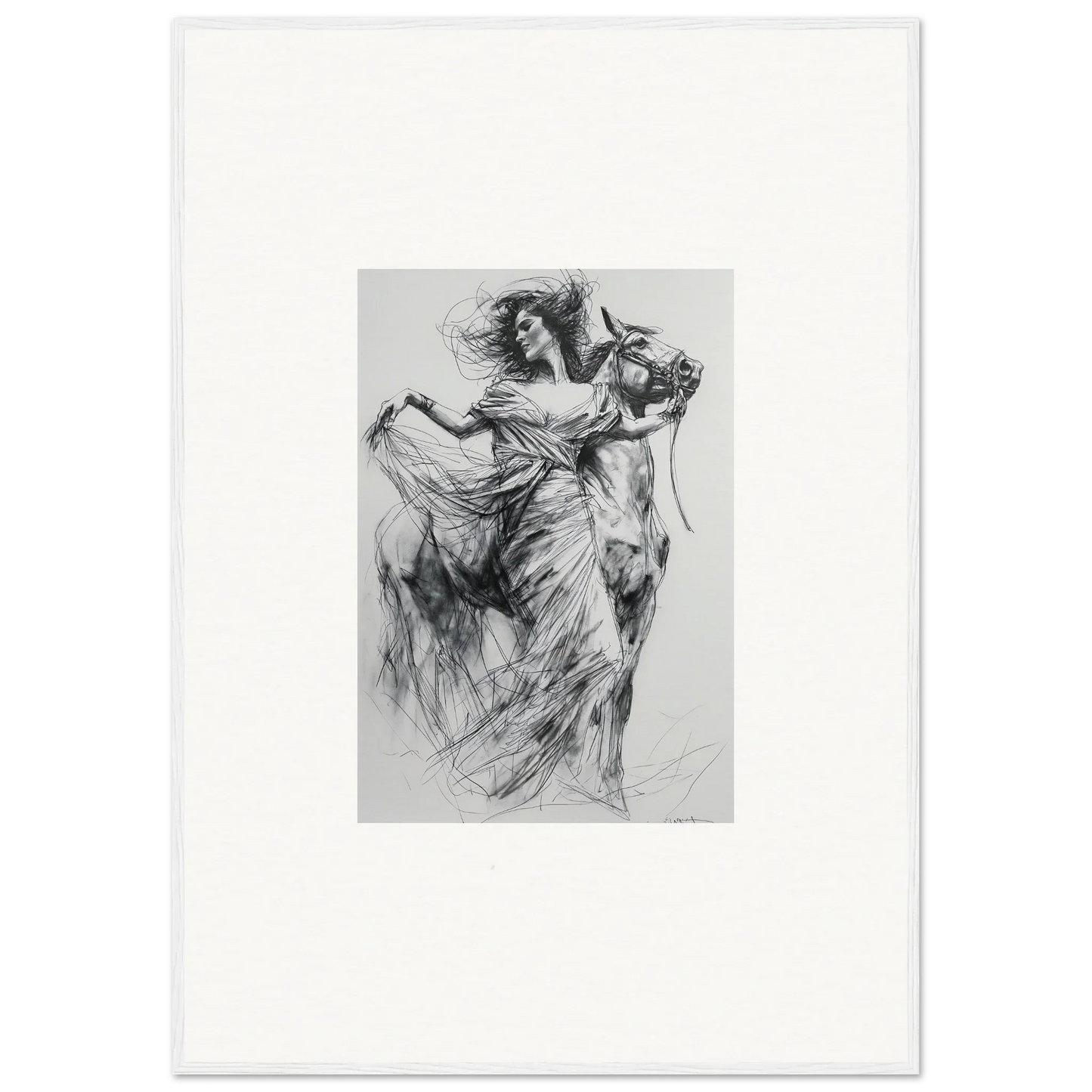 Dynamic charcoal sketch of a figure in flowing fabric for Equestrian Ether Euphoria