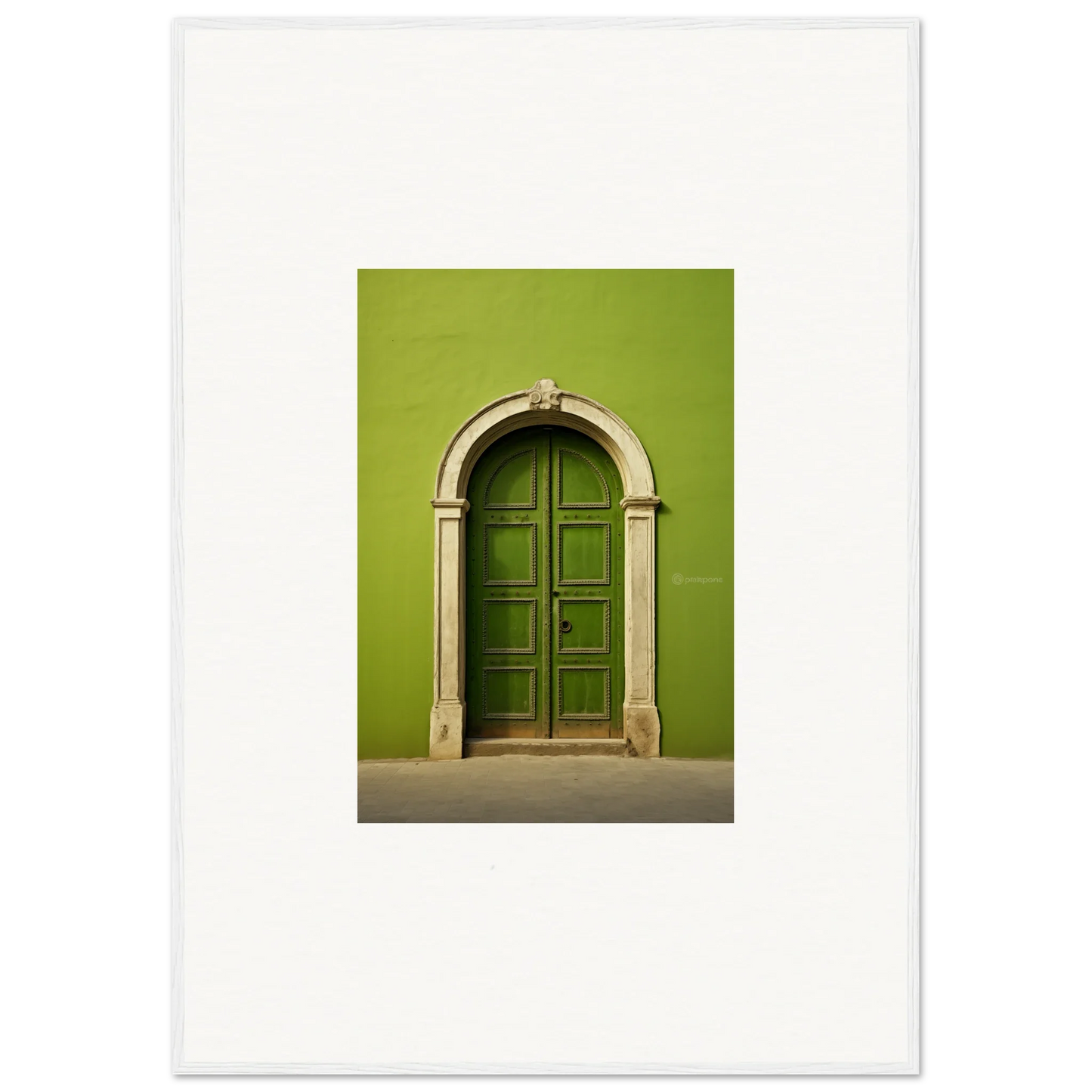 Arched green wooden door with stone trim for Vert Barcode Reverie special edition art™