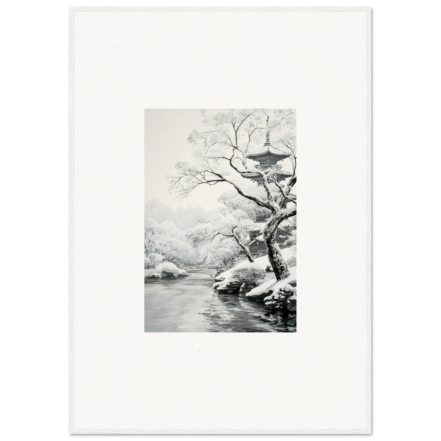 Black and white winter landscape art featuring snow-covered tree by water from Timeless Snow Fables