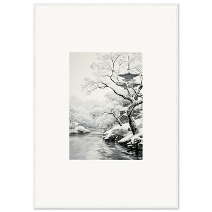 Black and white winter landscape art featuring snow-covered tree by water from Timeless Snow Fables