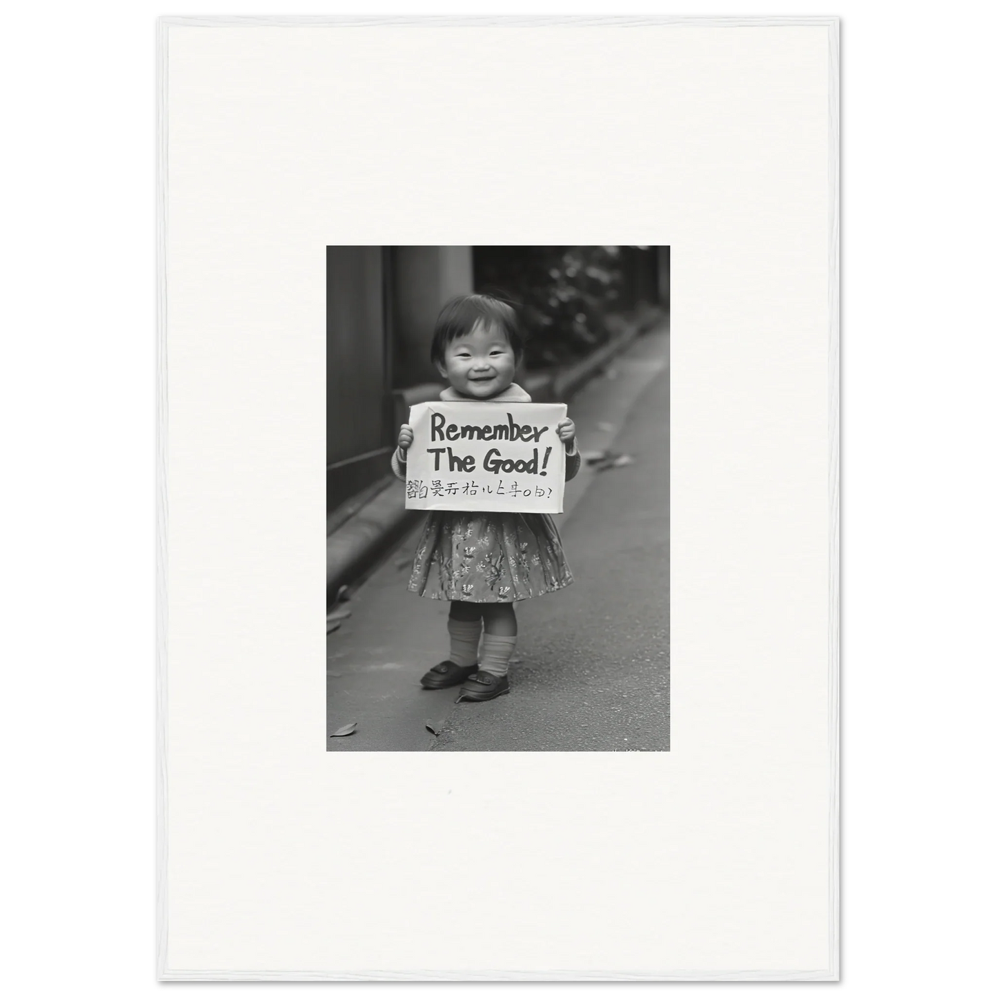 Smiling child with Remember The Good sign in Whimsy Echo Memory framed wall art