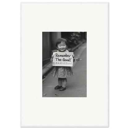 Smiling child with Remember The Good sign in Whimsy Echo Memory framed wall art