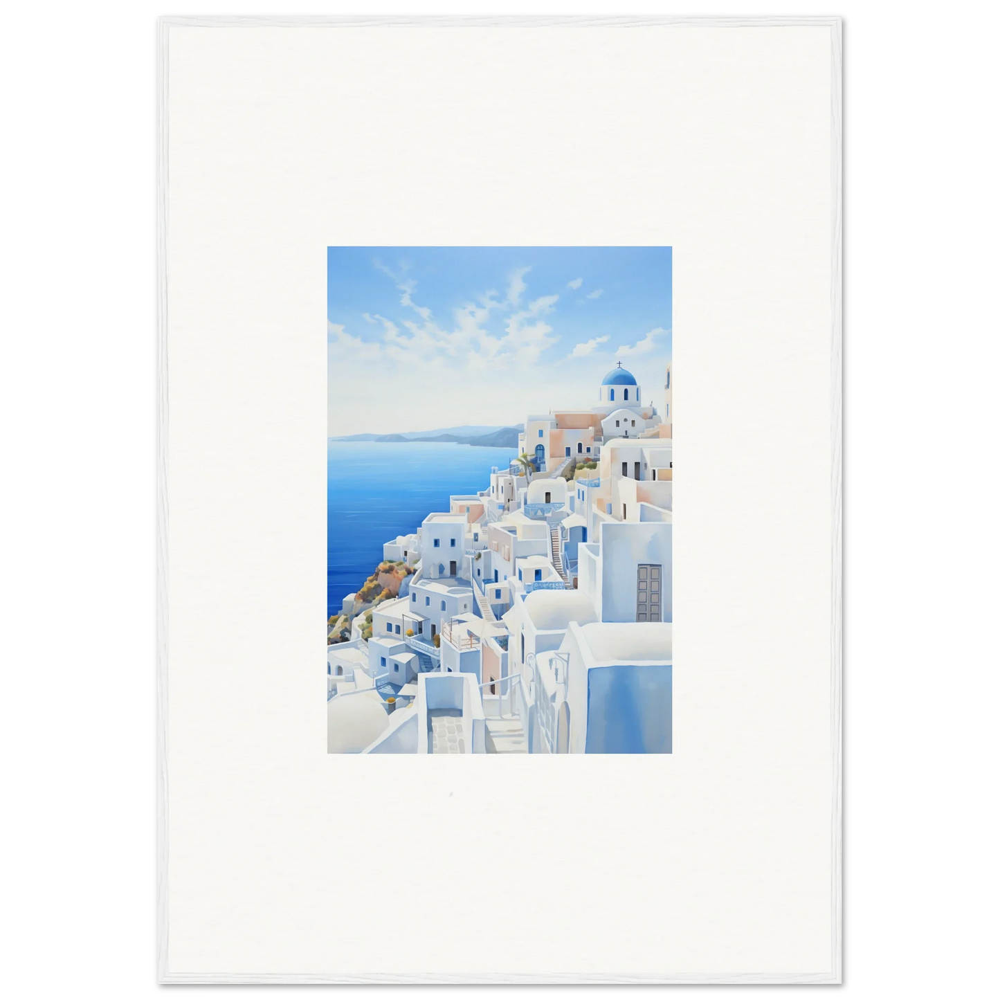 White and blue cliffside buildings in Santorini featured in Elysian Horizon Vortex art