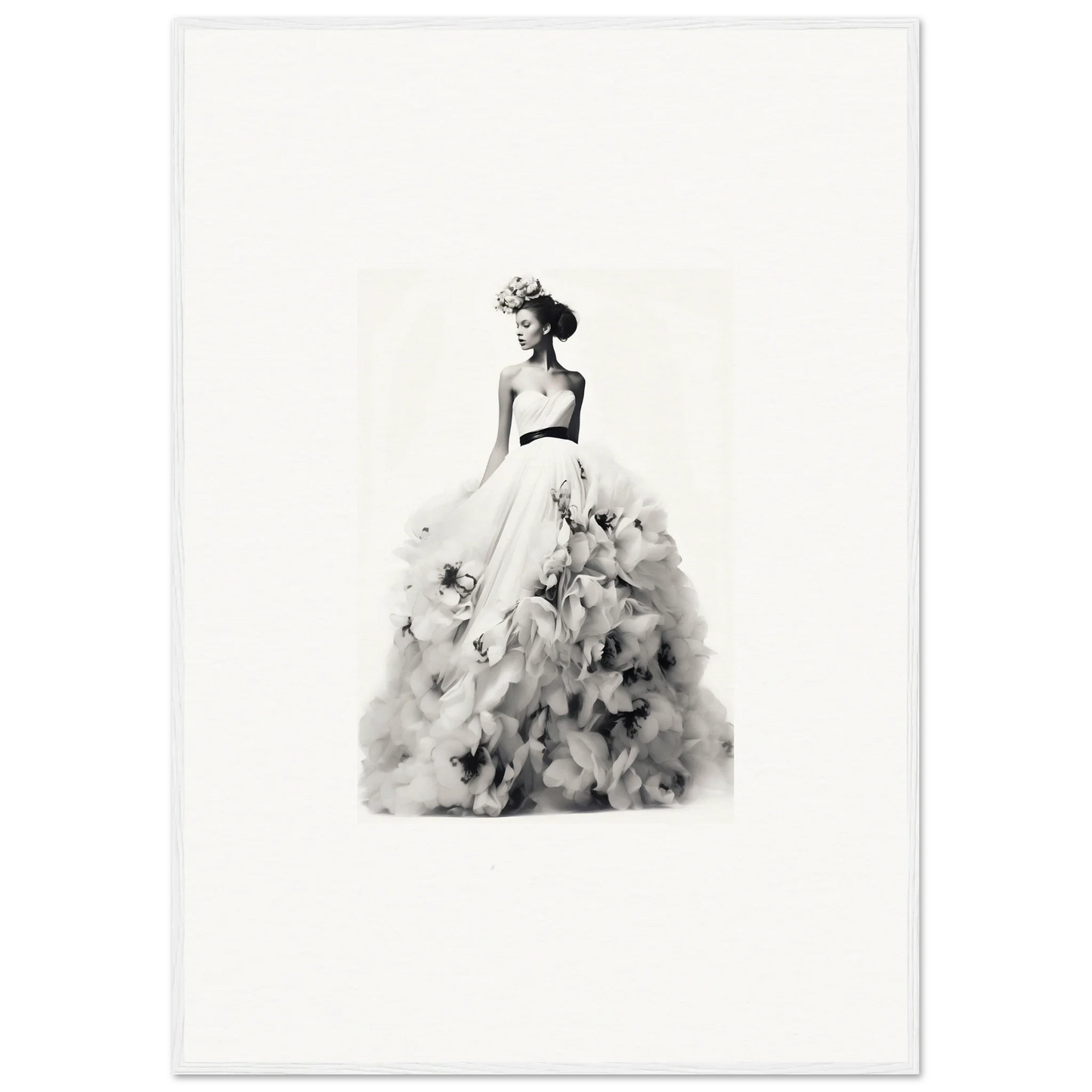 Elegant black and white watercolor of a figure in a ballgown, Dreams Bloom Eternal framed art