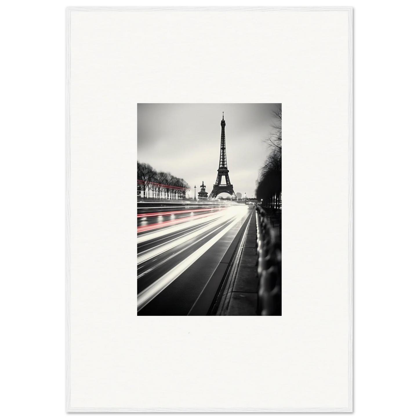 Black and white Eiffel Tower photo with light trails for Eternal Windsweep Halo art