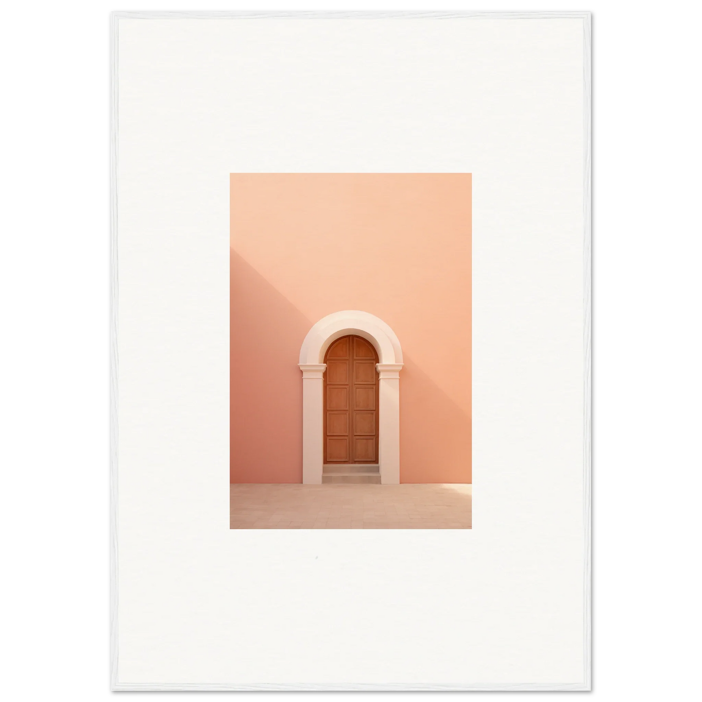 Wooden door in a curved archway on a peachy-pink wall from Silent Coral Dreams special edition art