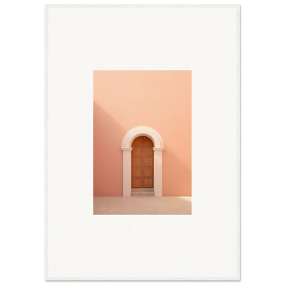 Wooden door in a curved archway on a peachy-pink wall from Silent Coral Dreams special edition art