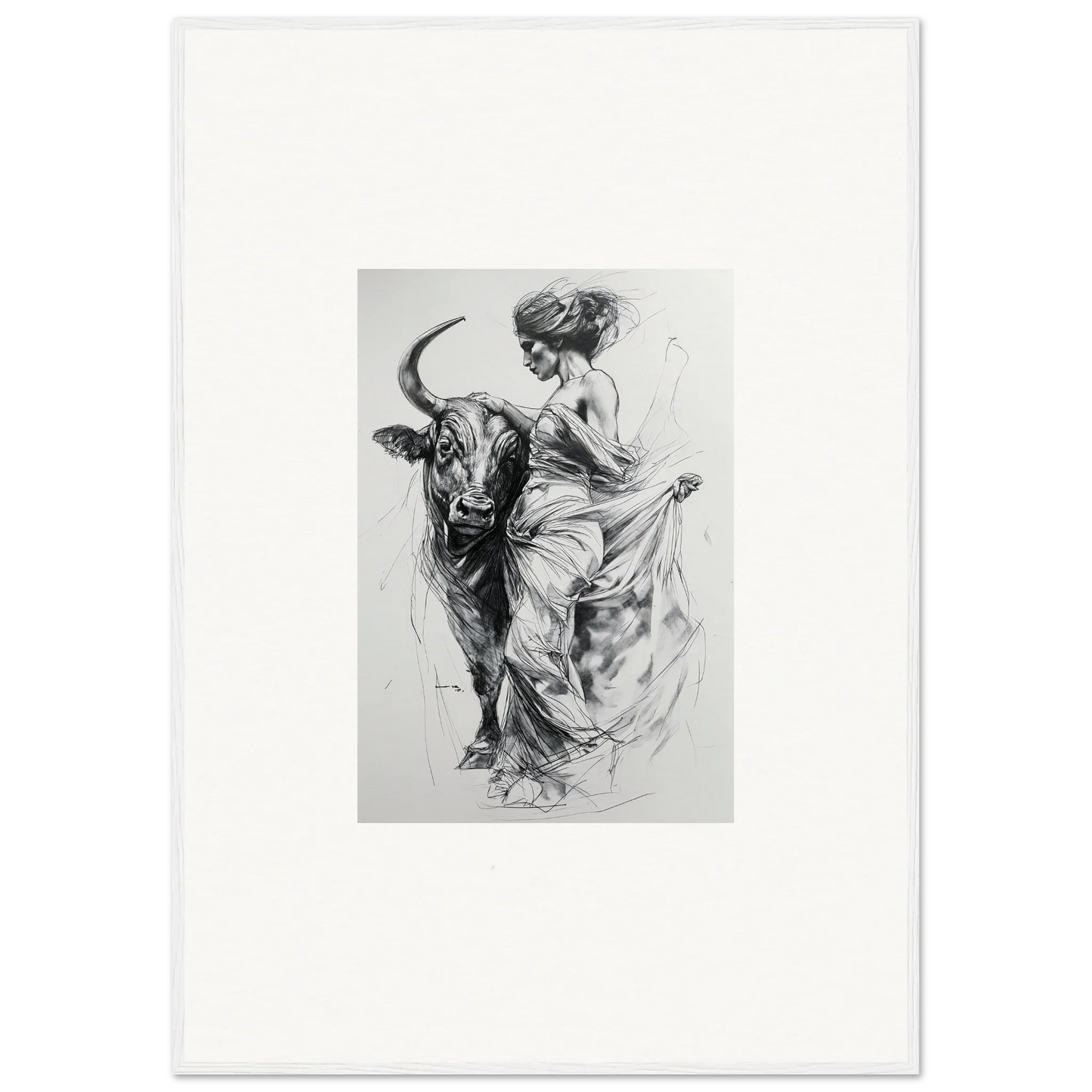 Black and white sketch of a dancer engaged with a bull in Marvelous Taurine Serenade