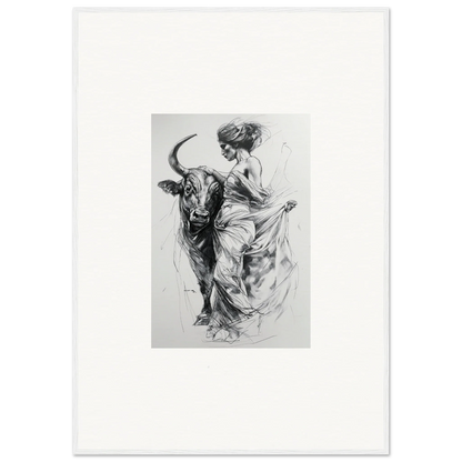 Black and white sketch of a dancer engaged with a bull in Marvelous Taurine Serenade