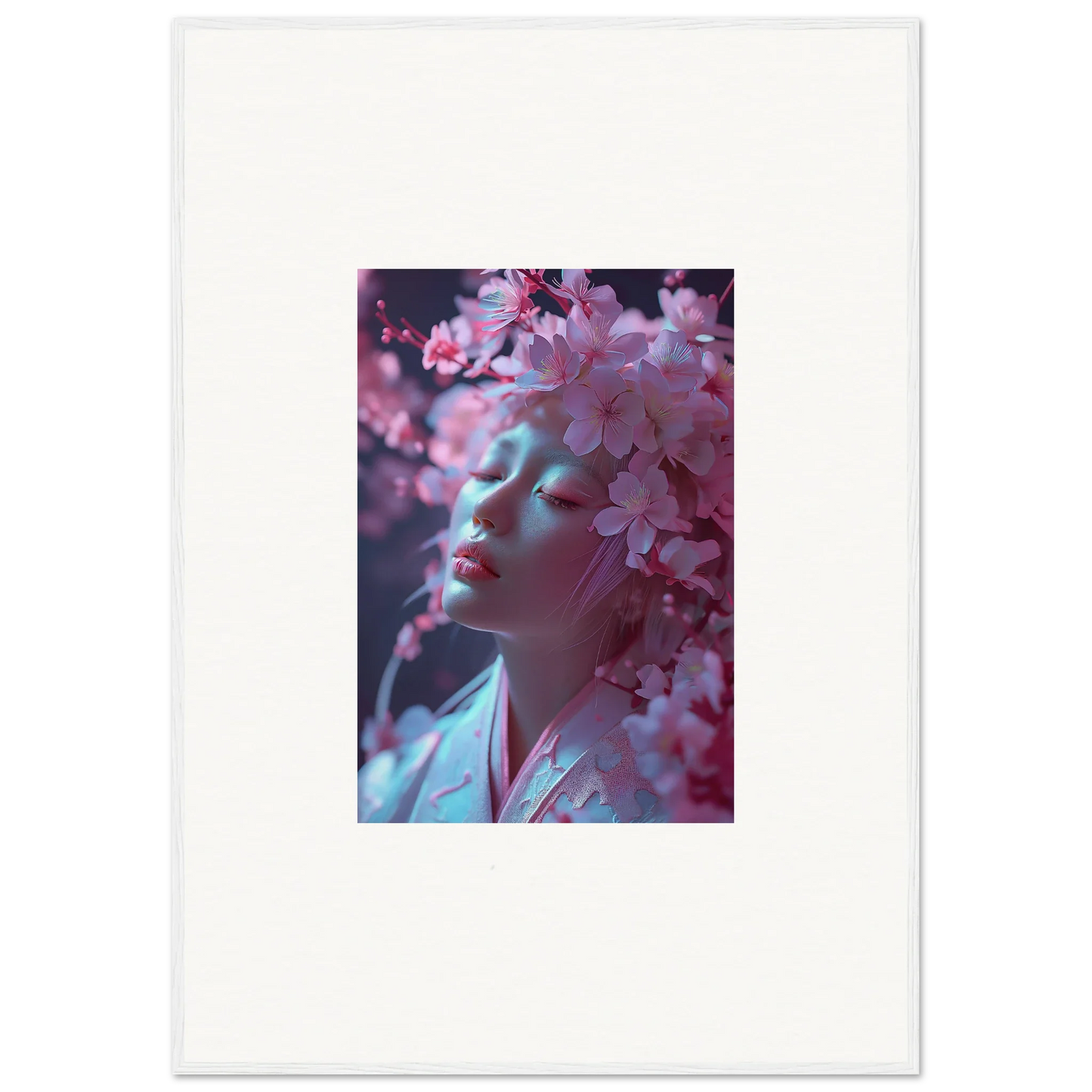 Ethereal canvas print of a face blended with cherry blossoms for dreamy room decoration