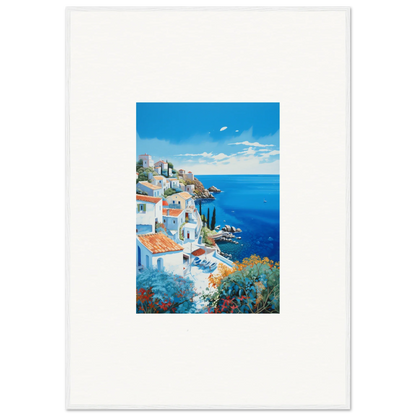 Mediterranean coastal painting in Sunlit Dreamscape Promise style with blue sea vibes