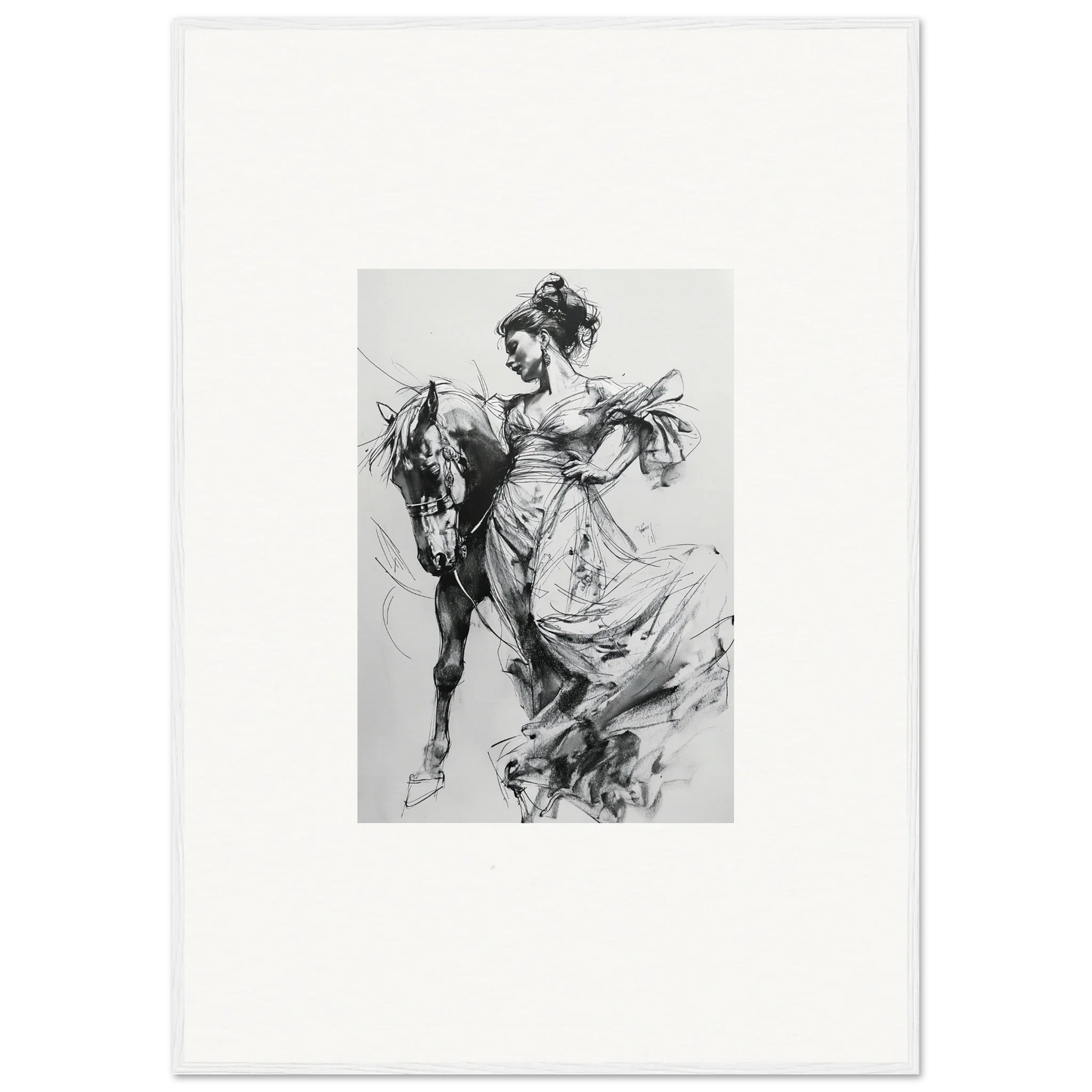 Black and white sketch of a person on a horse for Stardust Morph Whimsy framed wall art