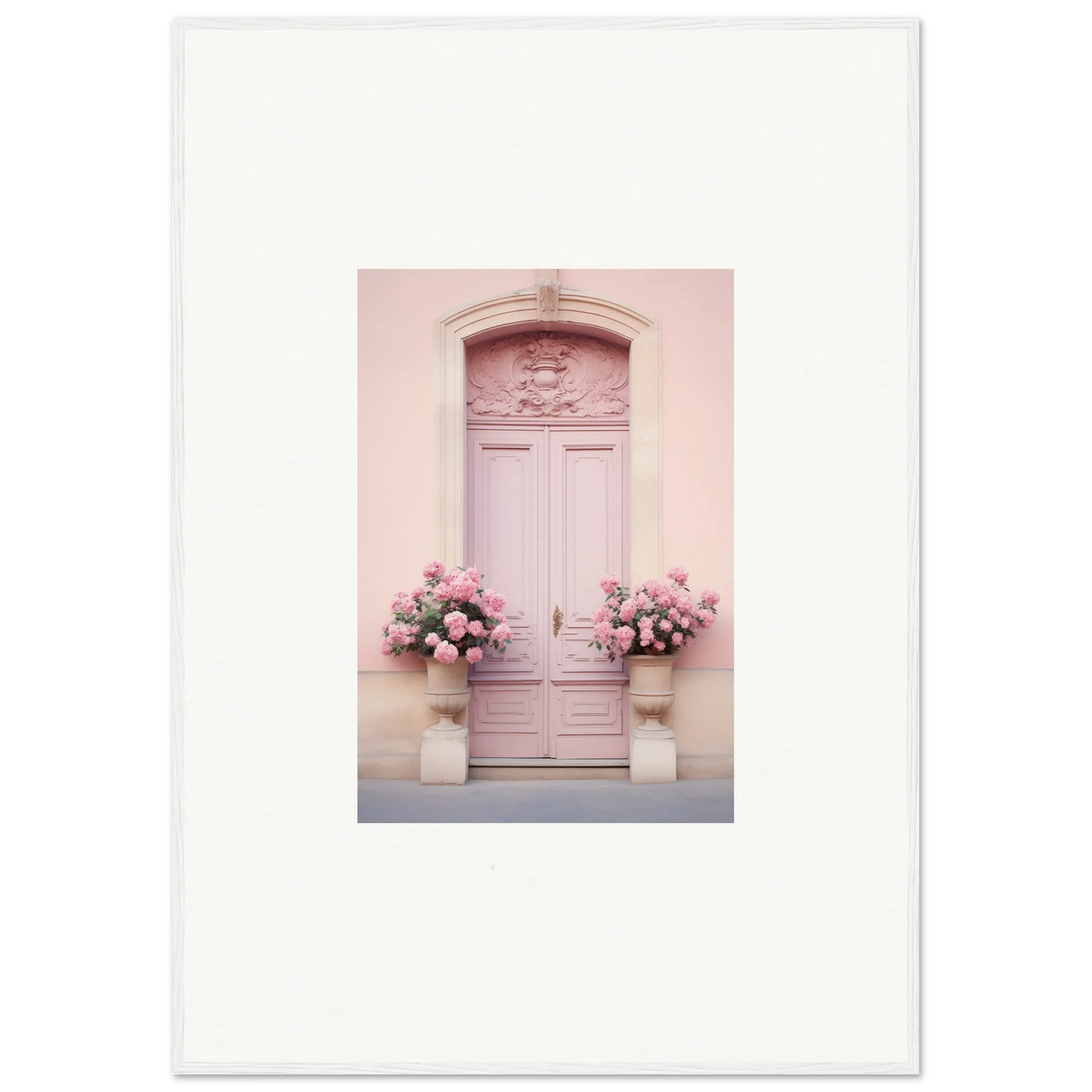 Pale pink ornate door with floral decor, perfect for Rosy Cosmos Gateway framed wall art