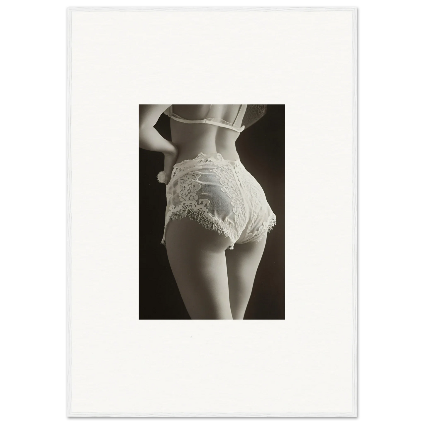 Lace-trimmed white lingerie shorts on a feminine figure for Transcendent Allure room decoration