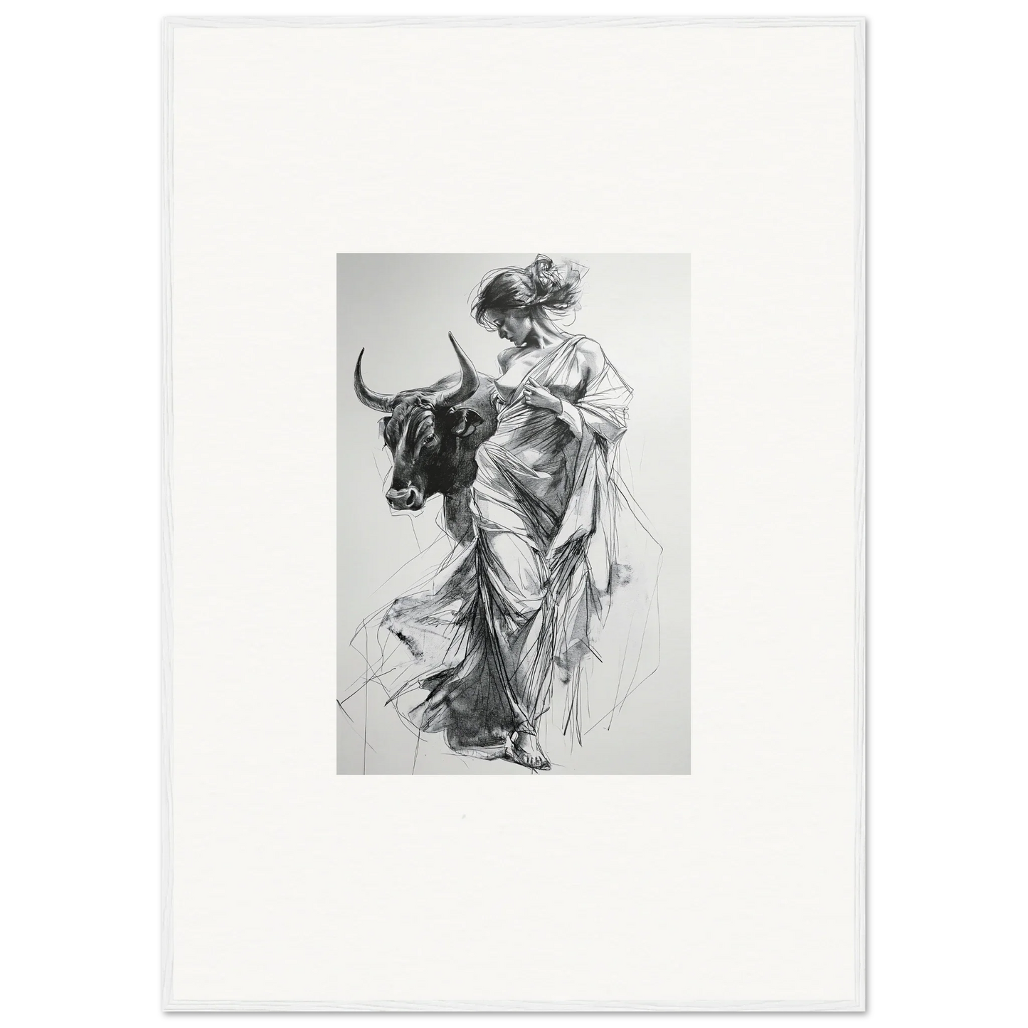 Black and white sketch of a figure in flowing robes with a bull for special edition art™