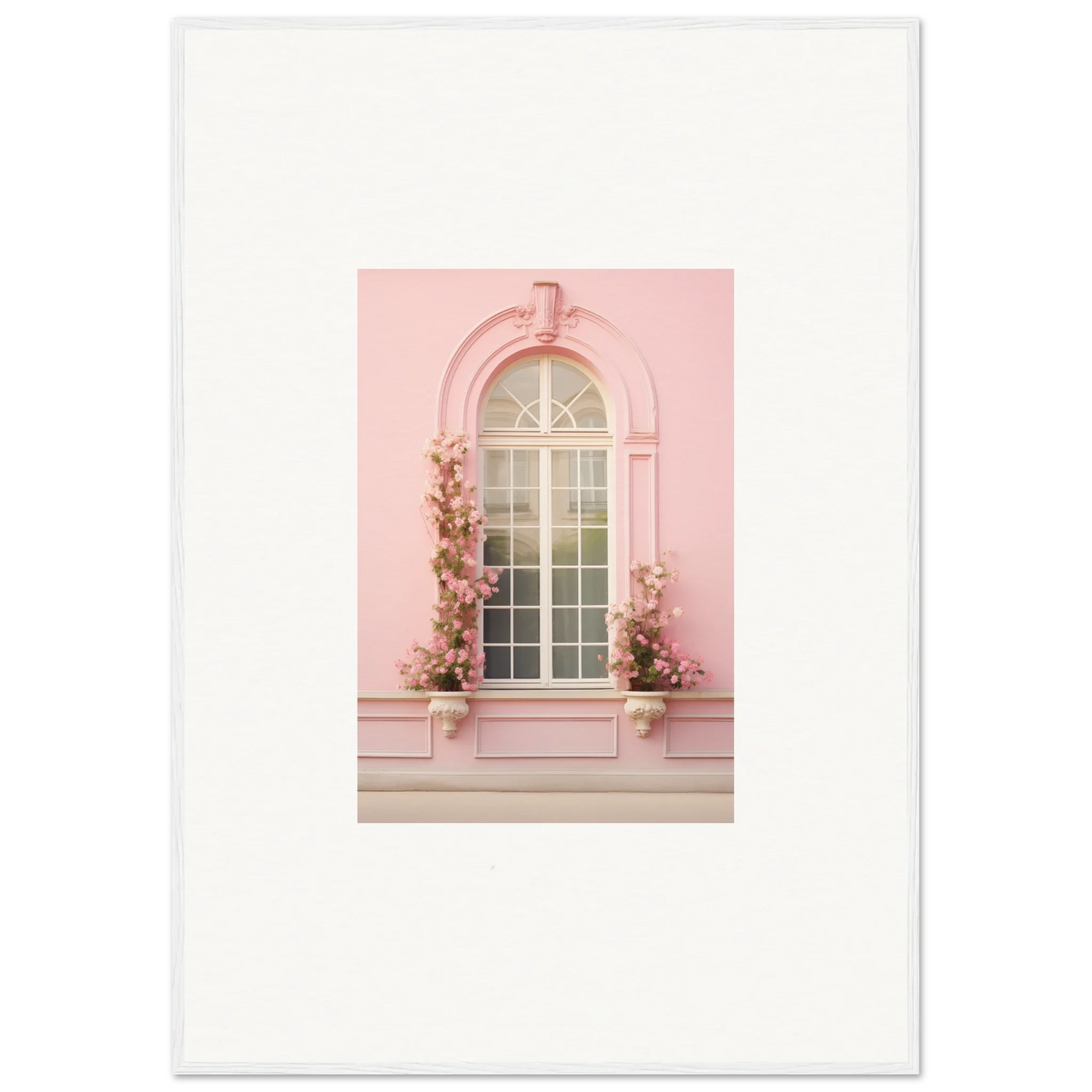 Arched pink window with climbing flowers, featured in Vitalose Rose Sonnet special edition art™