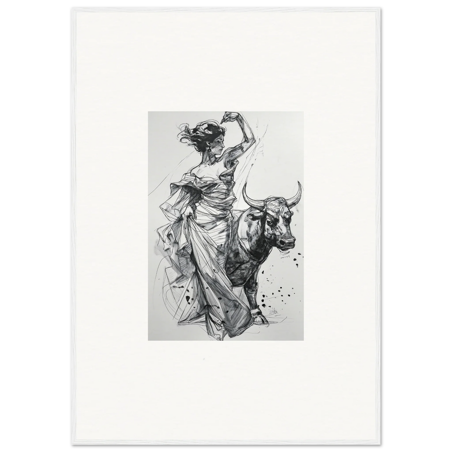 Dynamic black and white sketch of a figure dancing with a bull in Tauripe Mystique Visions