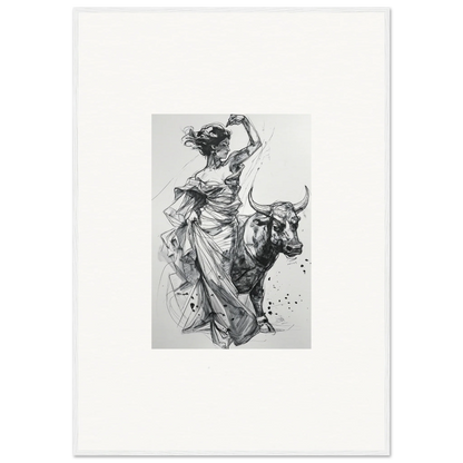 Dynamic black and white sketch of a figure dancing with a bull in Tauripe Mystique Visions