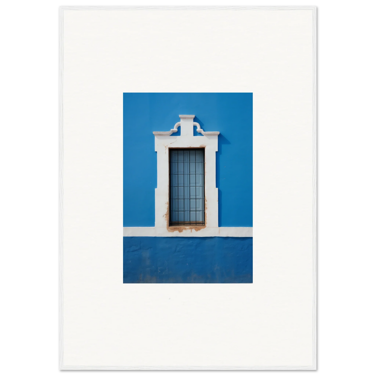 Framed wall art of a white window with bars, inspired by Liquid Azure Quest